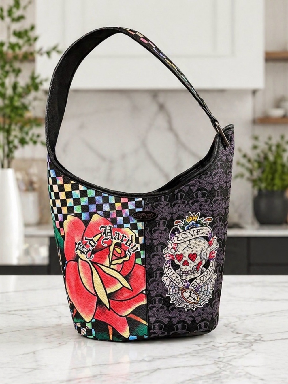 Ed Hardy Black Multi Rose & Skull Shoulder Tote